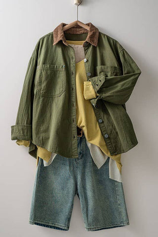 Contrast Corduroy Collar Shirt Jacket green