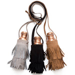 Black Suede Fringed Bottle Carrier