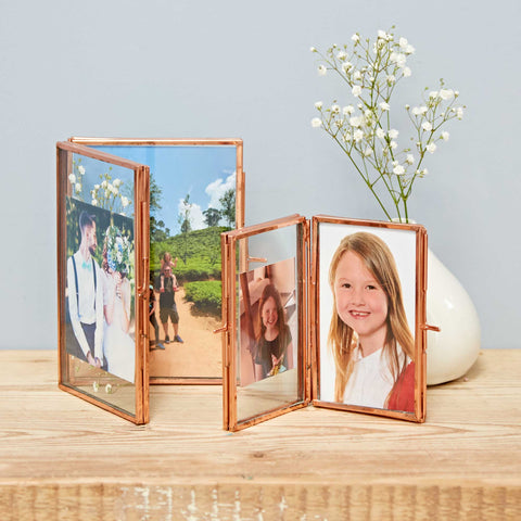 Recycled Metal Glass Double Photo Frame: Fits up to a 3x4.5" photo / Rose Gold